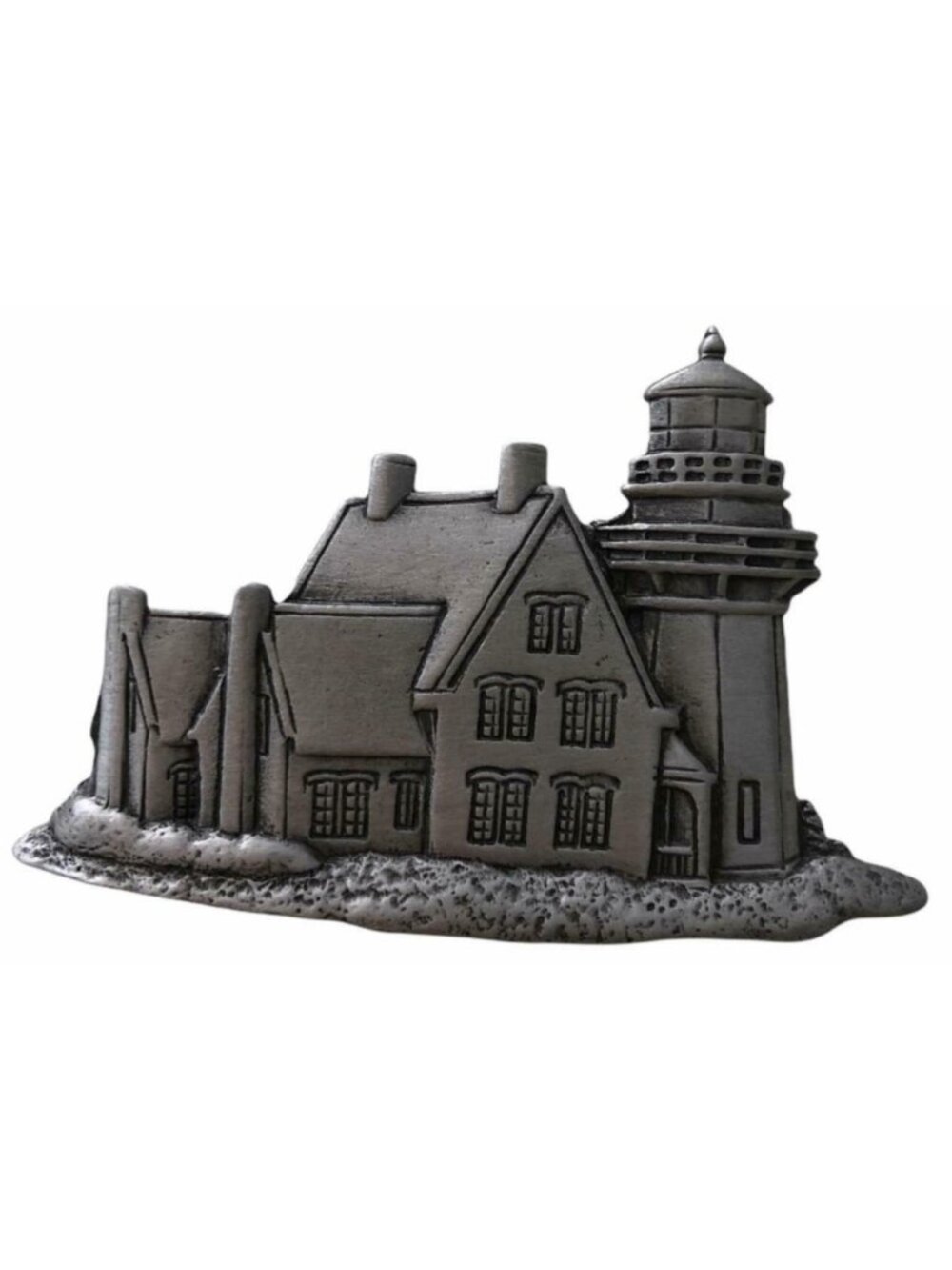 JJ Jonette Guiding Light Lighthouse Cottage Pin Brooch Pewter Signed 1 3/4"